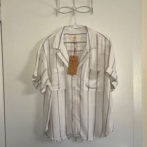 Thread & Supply Cream Button-Down Shirt with Navy Stripe